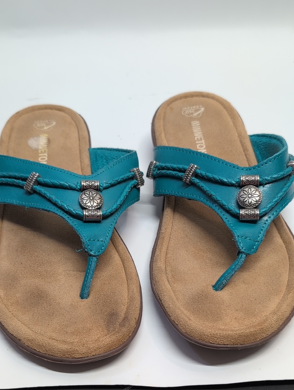 Minnetonka Teal Braided Thong Sandals with Silver Medallions